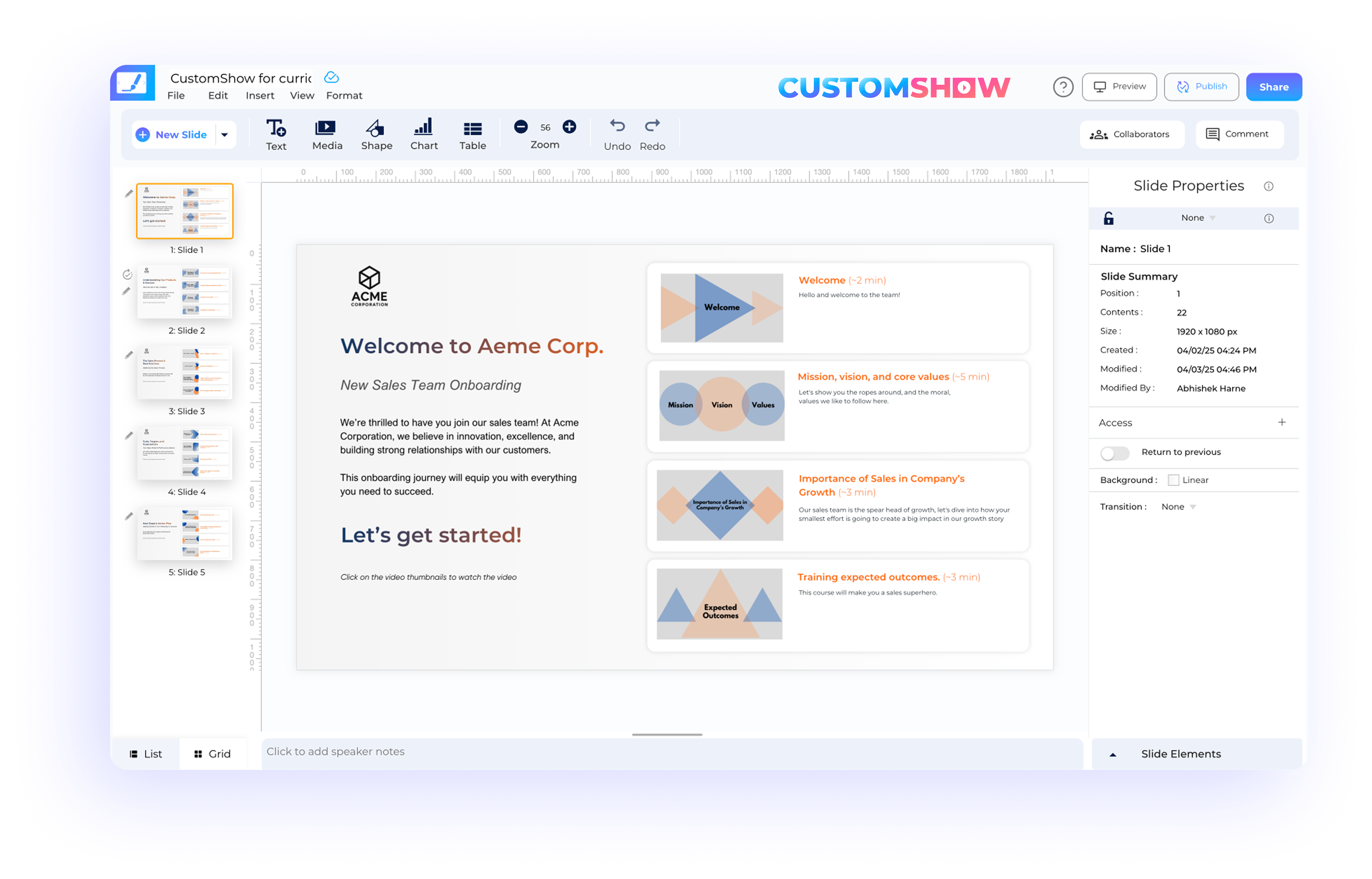 CustomShow interface for building structured sales training presentations with integrated coaching videos and interactive onboarding modules