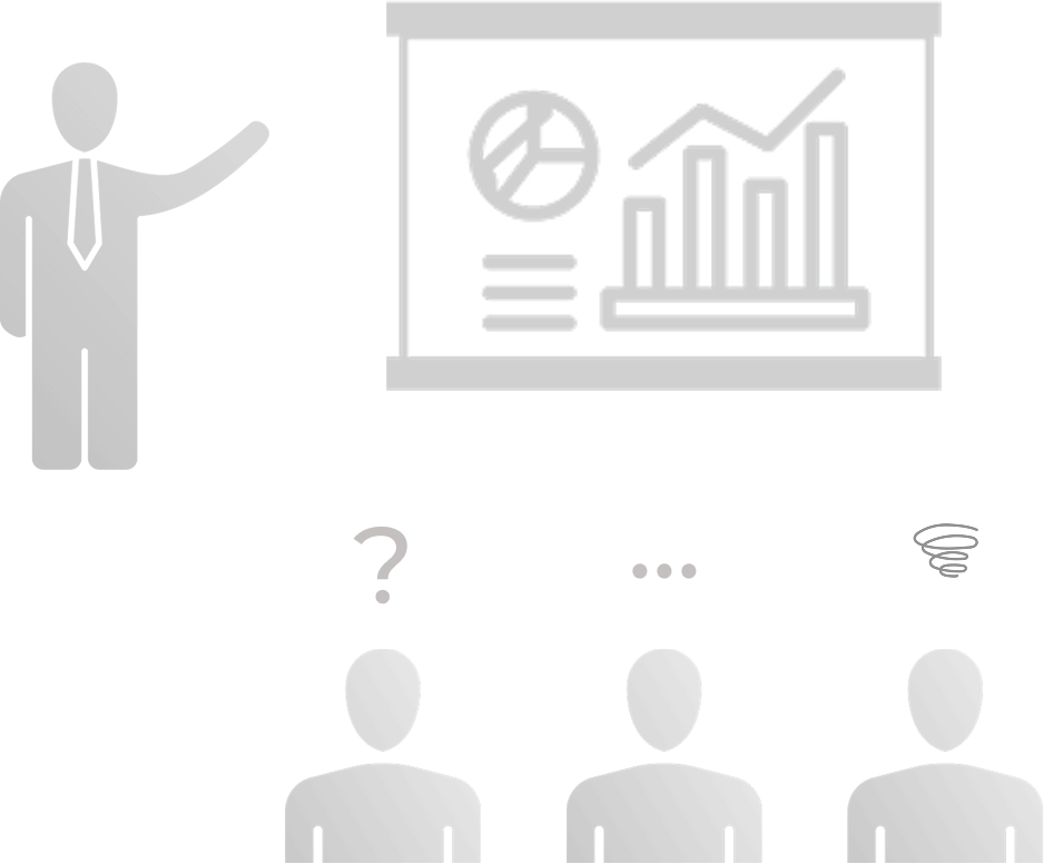 Illustration highlighting the challenge of traditional classroom training with a presenter, chart, and disengaged audience, emphasizing its inefficiency for modern sales teams.