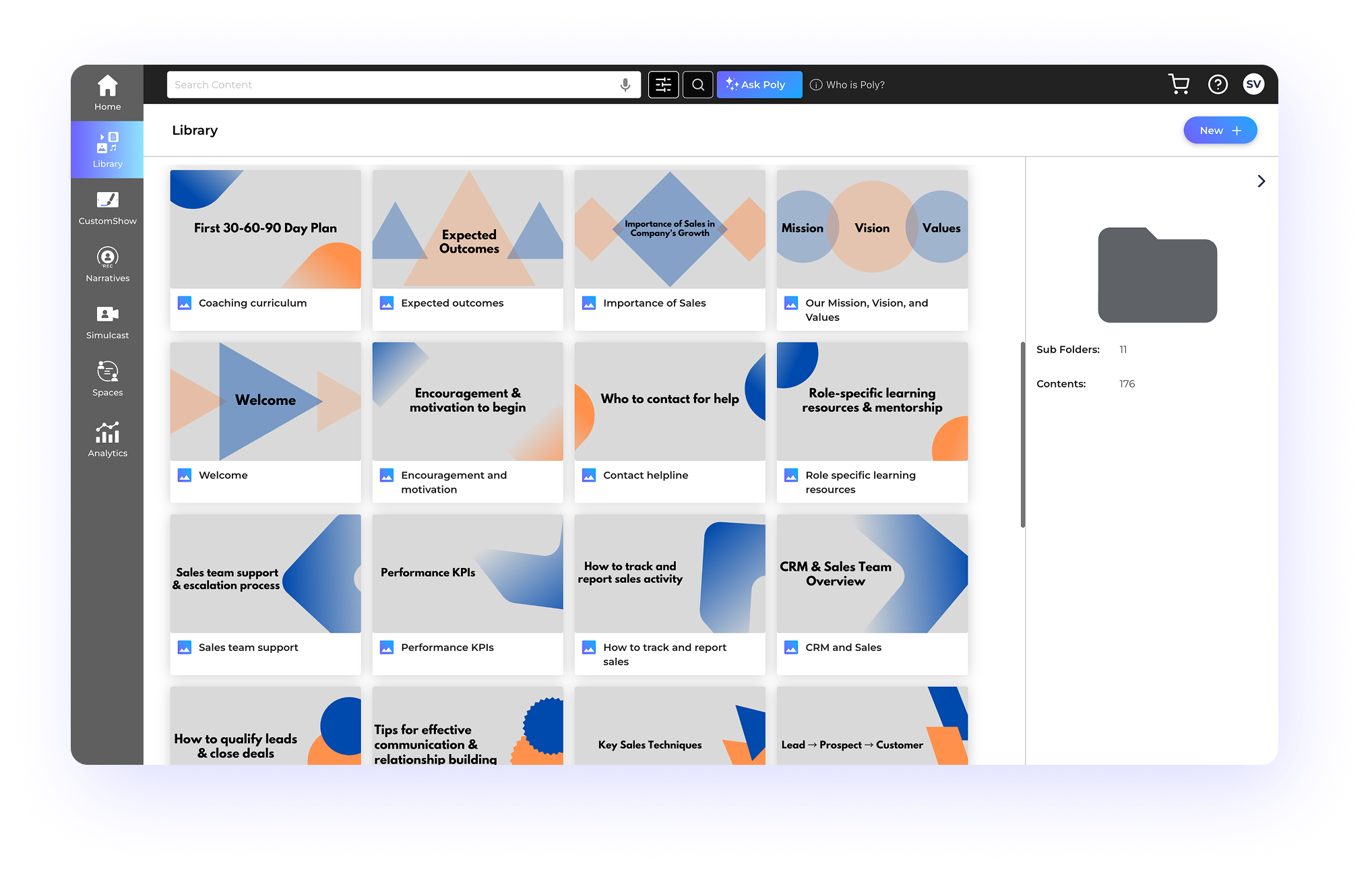 Digital library interface for coaching content with organized video modules and training resources, enabling easy access for sales teams and partners.